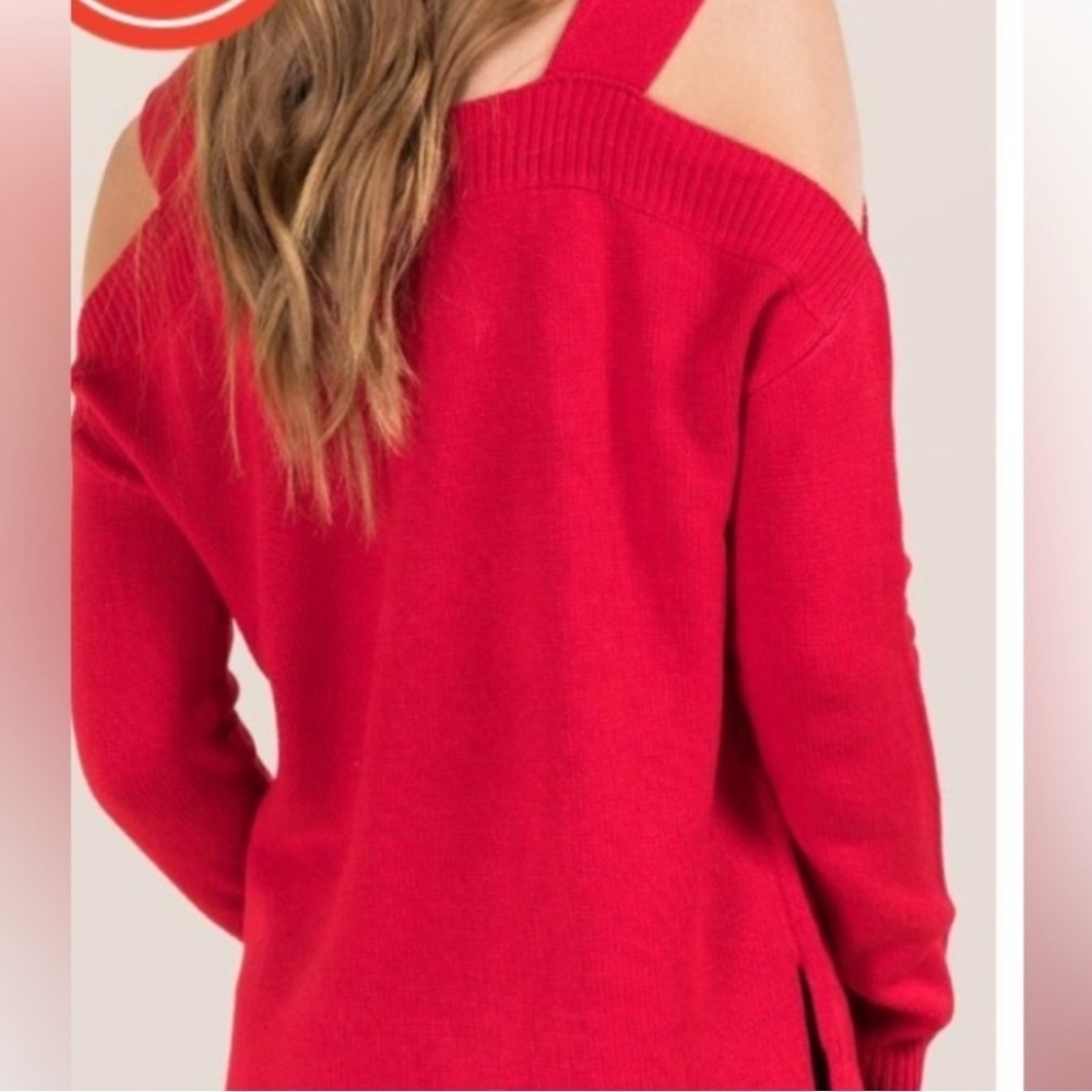 Festive “All The Jingle Ladies” Christmas Red Cold-Shoulder Sweater Size Small - Picture 2 of 8